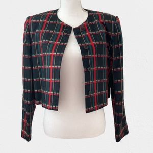 Vintage 80s Crop Red Green Plaid Holiday Christmas Bolero Crop Jacket 8